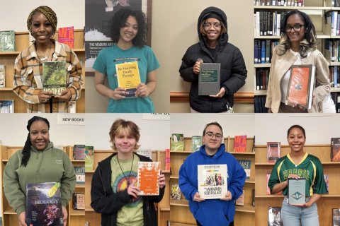 group of 8 students holding books in a collage