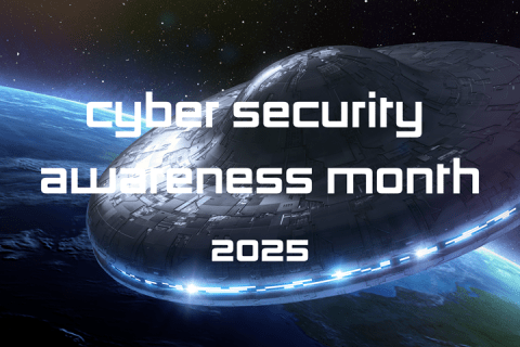 A spaceship in space with a banner reading cybersecurity awareness month 2025.