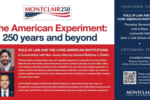 Flyer for American Experiment 250 years and beyond event, featuring President Koppell and NJ Attorney General Platkin