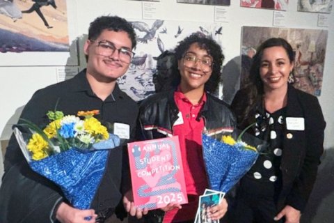 BFA Illustration students Naithen Nieves and Fern Nolasco with Professor Christina Rodriguez-Unalt