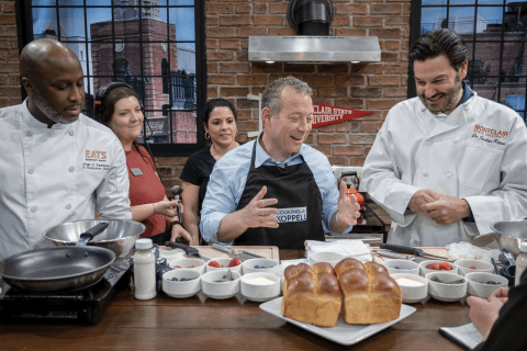 President Koppell on set of Cooking with Koppell alongside crew