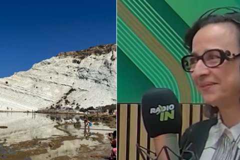 A composite image of Scala dei Turchi on the left side and a  woman wearing headphones and sitting in front of a microphone on the right side