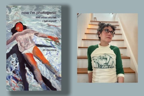 Composite image showing a book cover for “now i’m photogenic and other stories I tell myself” alongside a photo of the author, an English professor wearing a green and white t-shirt and standing in front of a flight of stairs