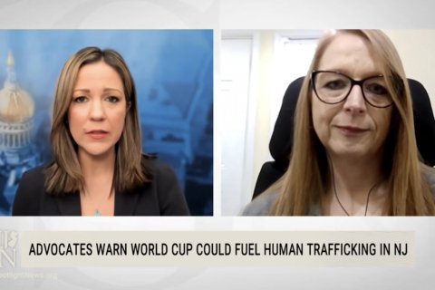 A split screen with a news anchor on the left side and a interviewee, a college professor, on the right