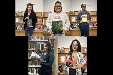collage of graduating seniors holding books
