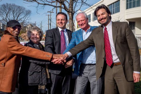 From Left: BAW Development, LLC CEO Baye Adolfo-Wilson, Paterson Public Schools Superintendent Eileen F. Shafer, Paterson Mayor Andre Sayegh, donor Chuck Muth '77 and Montclair President Jonathan Koppell.