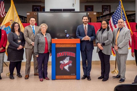 From left: Assemblywoman Shavonda Sumter (D-35); Paterson Public Schools Executive Director, Full Service Community Schools Jenna Goodreau; Paterson Mayor Andre Sayegh; Paterson Public Schools Superintendent Eileen F. Shafer; Montclair President Jonathan Koppell; Paterson Education Fund Executive Director Rosie Grant; Eastside High School Principal of Operations Edgard Nieves; and Geraldine R. Dodge Foundation Chief Executive Officer Tanuja Dehne.