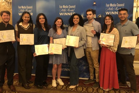 At the 2024 FOLIO Awards from left; Tyler Granata, Film &amp; TV ‘24; Terry Dickerson, Journalism and Digital Media ‘24; Michelle Ruiz, Film &amp; Television ‘24; Ashleigh Corby, Journalism and Digital Media ‘24; Isabella Alvarez, Social Media &amp; Public Relations ‘25; Peter Guziejewski, Social Media and Public Relations ‘25; Izzy Conklin, BFA Filmmaking‘25; Nino DeNino, Journalism and Digital Media ‘25.