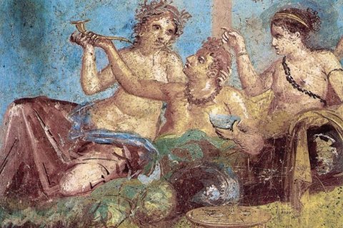 Ancient fresco of 3 happy banqueters