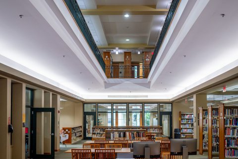 Tables and chairs in library