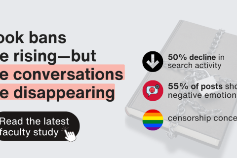 A graphic depicting numbers around a book ban with colored circles and bold headline.