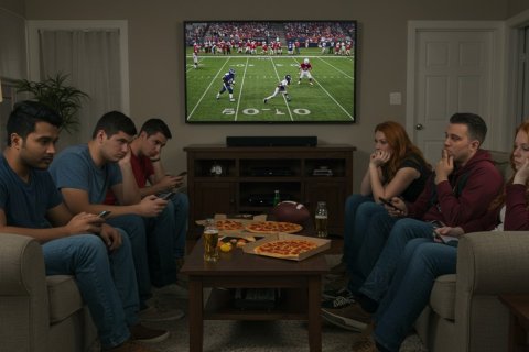A group of people facing each other sitting on couches watching a football game. There is a table in the middle with pizza.