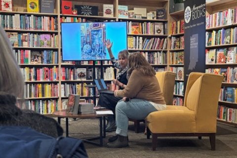 Author Julie Heffernan speaks at an event Jan. 22, 2025, at Morgenstern's Bookstore and Cafe in Bloomington. Heffernan discussed her new graphic novel "Babe in the Woods, or the Art of Getting Lost" at the event Wednesday. Photo by Arnaav Anand