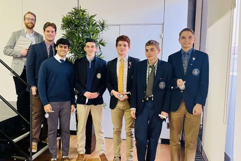 Winning Team of Students from Seton Hall Prep with their Teacher Brian Coldon on Classics Day