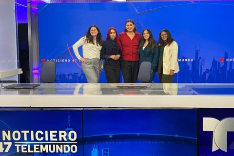 L to R are SCM students Jennifer Sanchez, Adarlin Batista Núñez, Dani Mazariegos, Monserrat Nava, and Rubi Capellan Bonifacio who are teaming up to create a mini-documentary about the 60th anniversary of Telemundo 47.