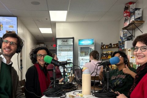A group of people sit around two microphones for an interview
