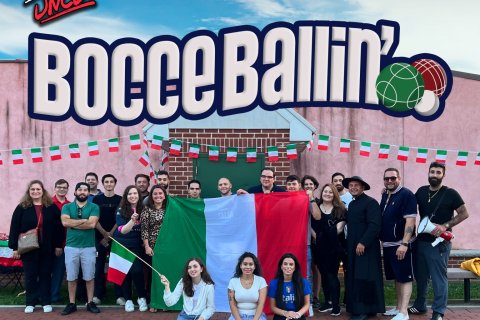 Photo of students gathering to play Bocce