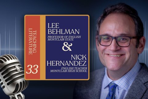 An ad for the "Teaching Literature" podcast featuring an image of an old microphone an the headshot of Lee Behlman