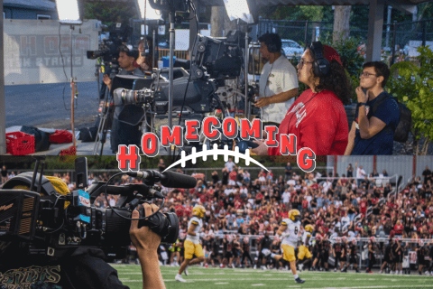 Graphic of student broadcasters and camera person recording football players on the field.