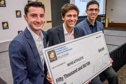 From left, George Garcia, Jacob Gilbert and Matthew Szot celebrate their $50,000 first-place prize in the BulbHead.com Inventors Day for Aspiring Entrepreneurs.