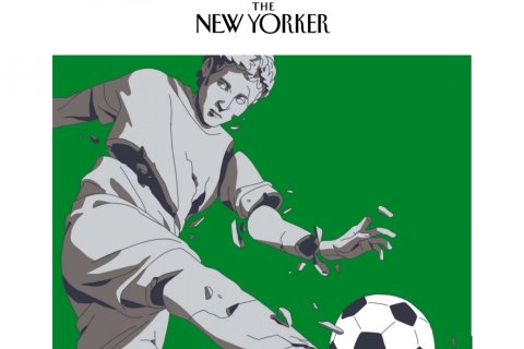 New Yorker cover showing a classical era statue crumbling while kicking a black and white soccer ball 