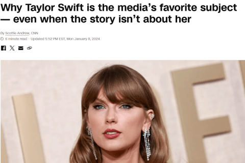 A Screengrab of a story on CNN.com featuring Taylor Swift, a popular young singer with blonde hair wearing long earrings. She is looking directly into the camera.