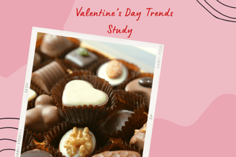 A box of chocolates on a pink background with red lettering that says "Montclair Valentine's Day Study"