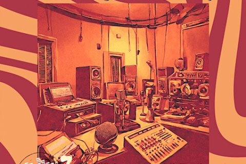 Graphic of 57th Anniversary promo. Image has a 70's disco design with yellow and red swirls, based in a radio broadcast booth.