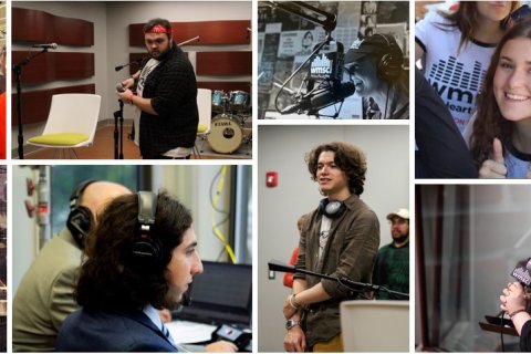 A collage of seven happy, smiling college students working for a college radio station.