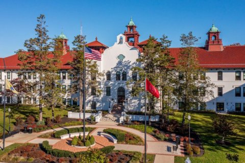 An exterior, aerial view of Cole Hall at Montclair State University