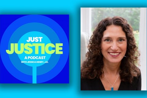 A composite image of Jessica Henry's headshot and the logo for "Just Justice" podcast