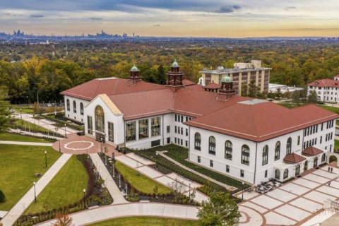 An aerial view of Cole Hall at Montclair State University