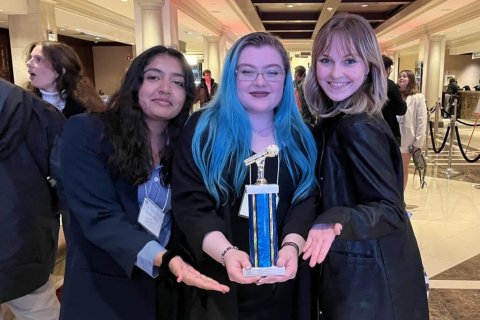 WMSC Homecoming Award Recipients: (Left to Right) Digital Marketing Director Gurleen Kaur, Music and Web Director Emily McCormack, and Promotions Director and Assistant Digital Marketing Director Shannon Daly.