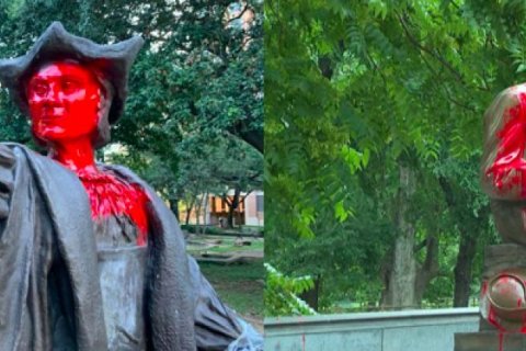A composite of two images of statues of Christopher Columbus covered in red paint 