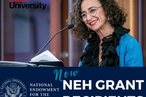 An image of a woman standing at a podium overlaid with text reading "New NEH Grant Recipients"