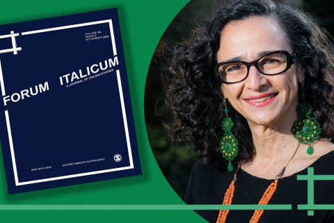 A composite image of Dr. Fiore's headshot and the cover of the book "Forum Italicum"