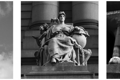 Three black-and-white photos of historic statues and a stone lion sculpture