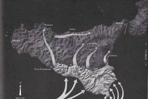A black and white map of Sicily titled "Operations in Sicily"