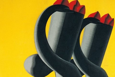Stylized illustration of two black mugs with red geometric shapes against a bright yellow background
