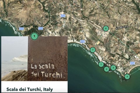 Map of Sicily with an inset labeled "Scala dei Turchi, Italy"
