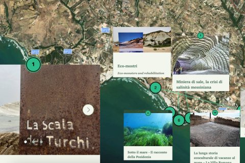 Map of Sicily with various insets about points of interest on the map