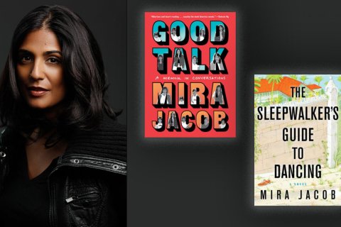 A headshot of Mira Jacob with two of her book covers