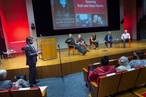 President Jonathan Koppell addresses Ruth Ravina (front row, center) during the documentary panel Q&A discussion.