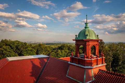 ariel view of the red rooftop and green dome of Cole Hall building with NYC in skyline