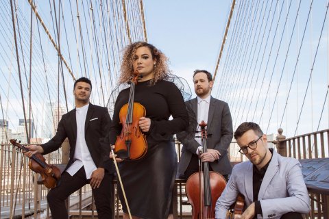 members of PubliQuartet pose on suspension bridge