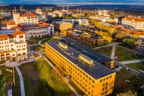 Aerial view of Dickson Hall on the campus of Montclair State University