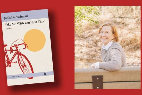 Composite image of Janis Hubschman's headshot with the cover of her book "Take Me With You Next Time"