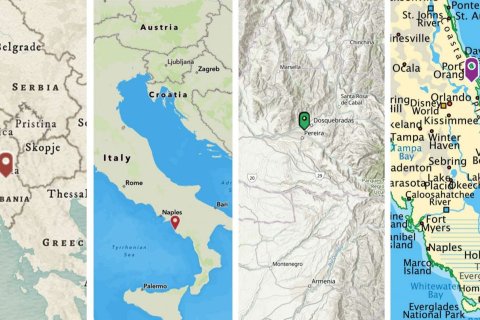 A composite of four sections of four different maps including Italy and Florida