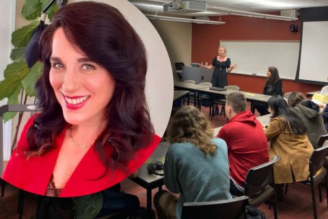A composite image of Andreina Botto Roever's headshot combined with an image of a classroom with a group of college students seated and watching the professor
