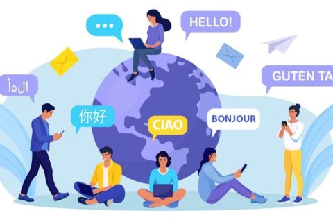 Illustration of people around a globe communicating in multiple languages through digital devices, with speech bubbles saying “Hello,” “Guten Tag,” “Bonjour,” “Ciao,” “你好,” and other greetings
